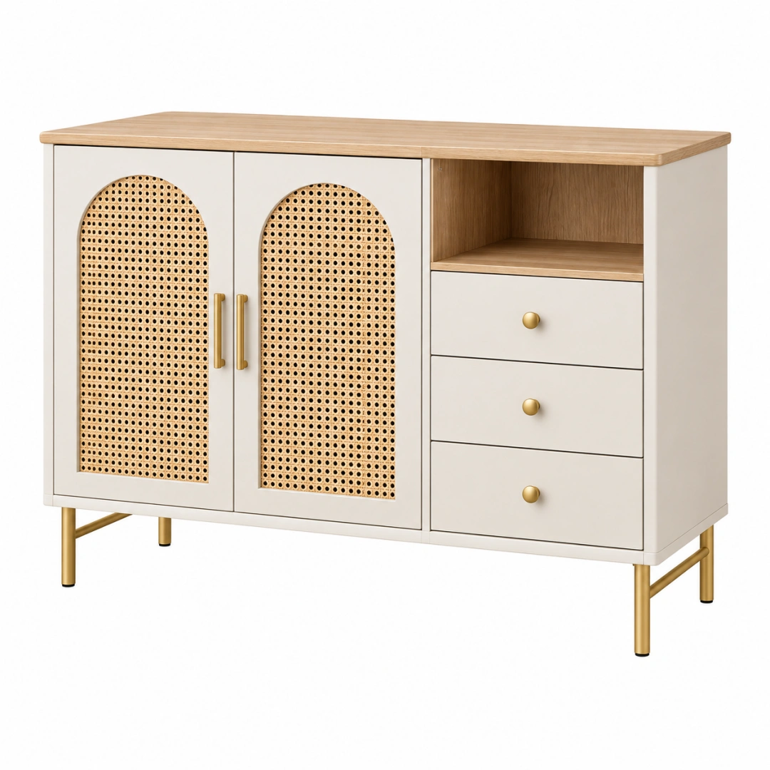 Aparador 120 x 40 x 85 cm de madera blanco y natural con rejilla de ratán estilo moderno
