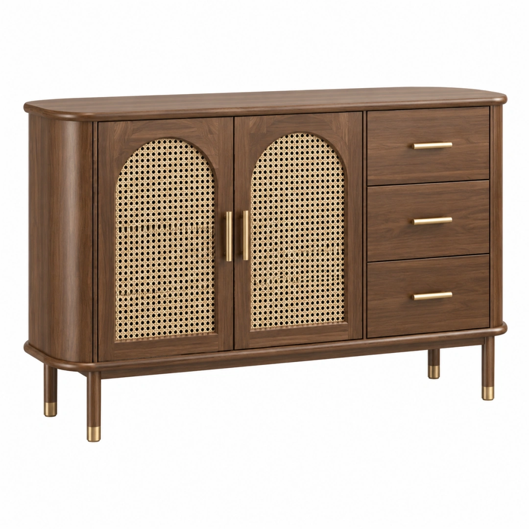 Aparador 120 cm de madera marrón con rejilla de ratán y 3 cajones