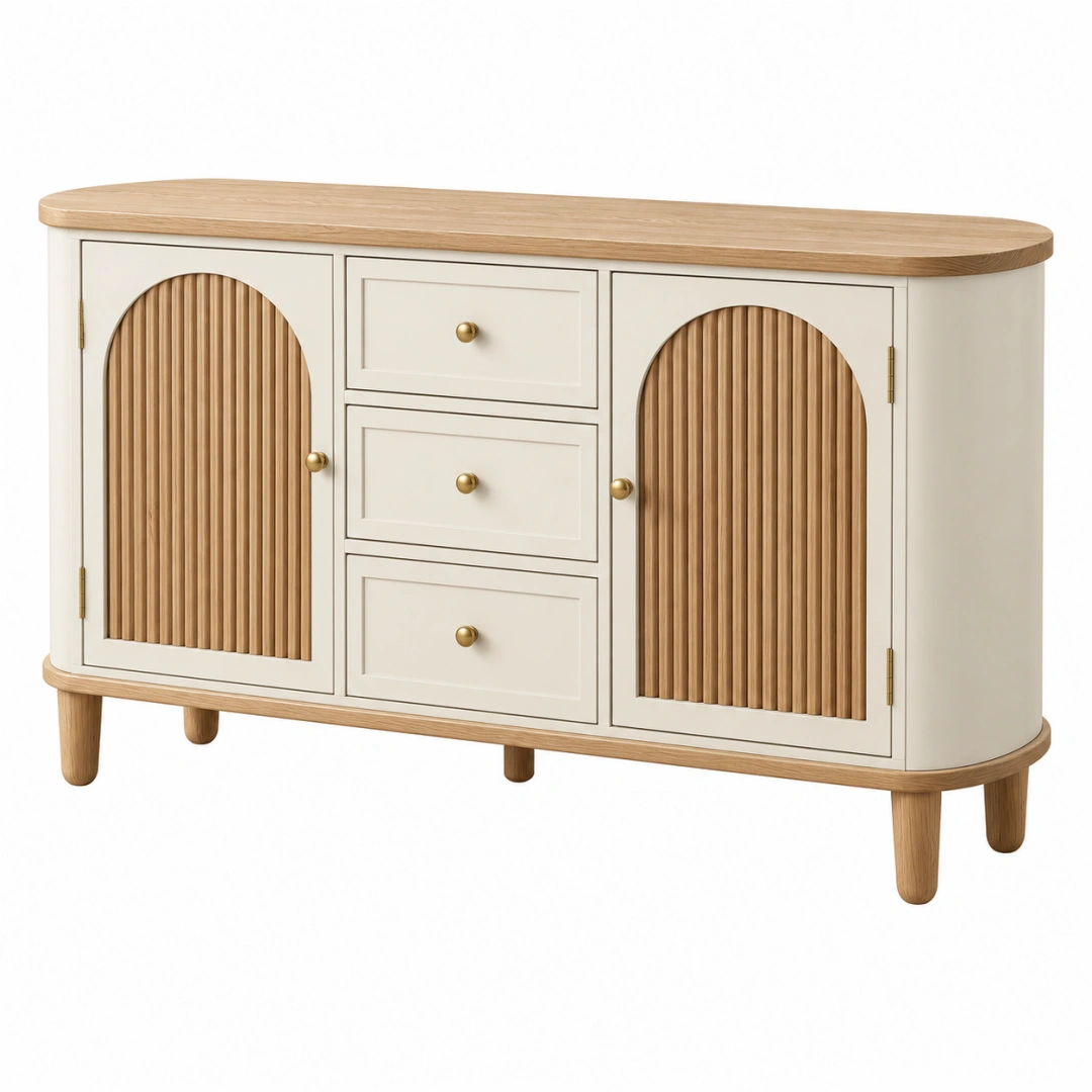 Aparador 140 x 40 x 85 cm de madera blanco y natural con puertas acanaladas y cajones