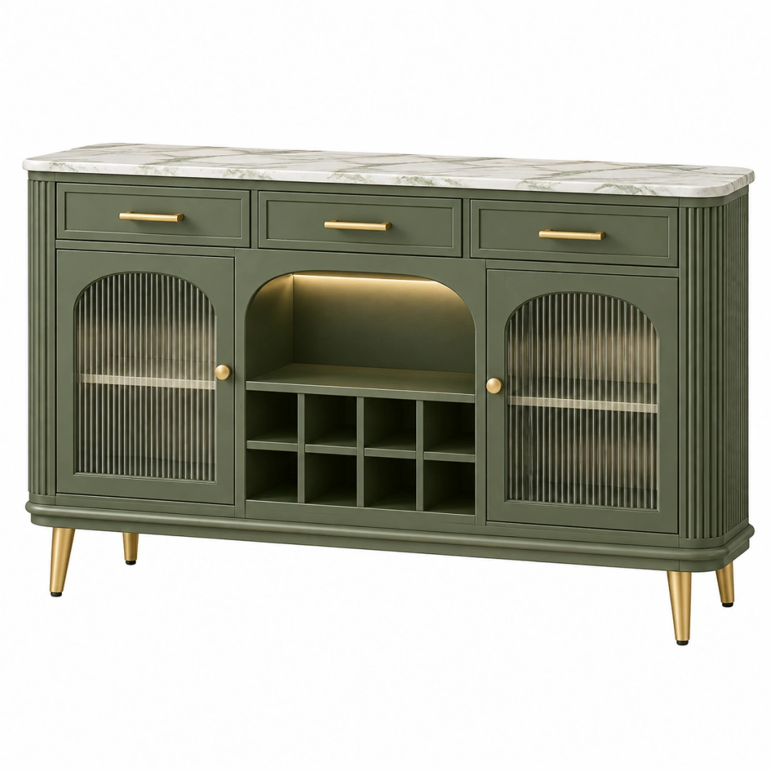 Aparador 160 x 45 x 90 cm de madera verde con encimera efecto mármol y puertas de vidrio estriado