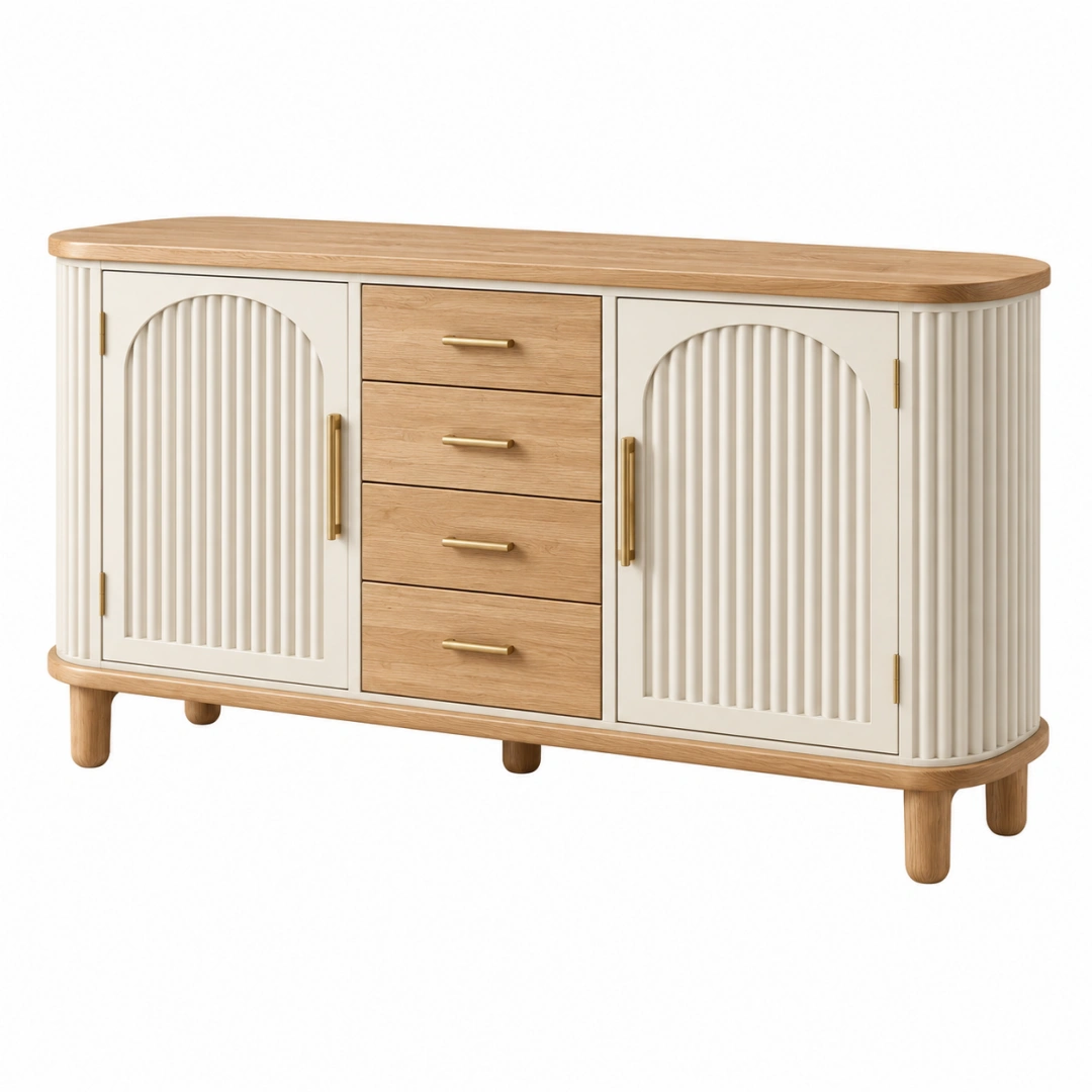 Aparador 160 x 40 x 85 cm de madera natural y blanco con 4 cajones y 2 puertas