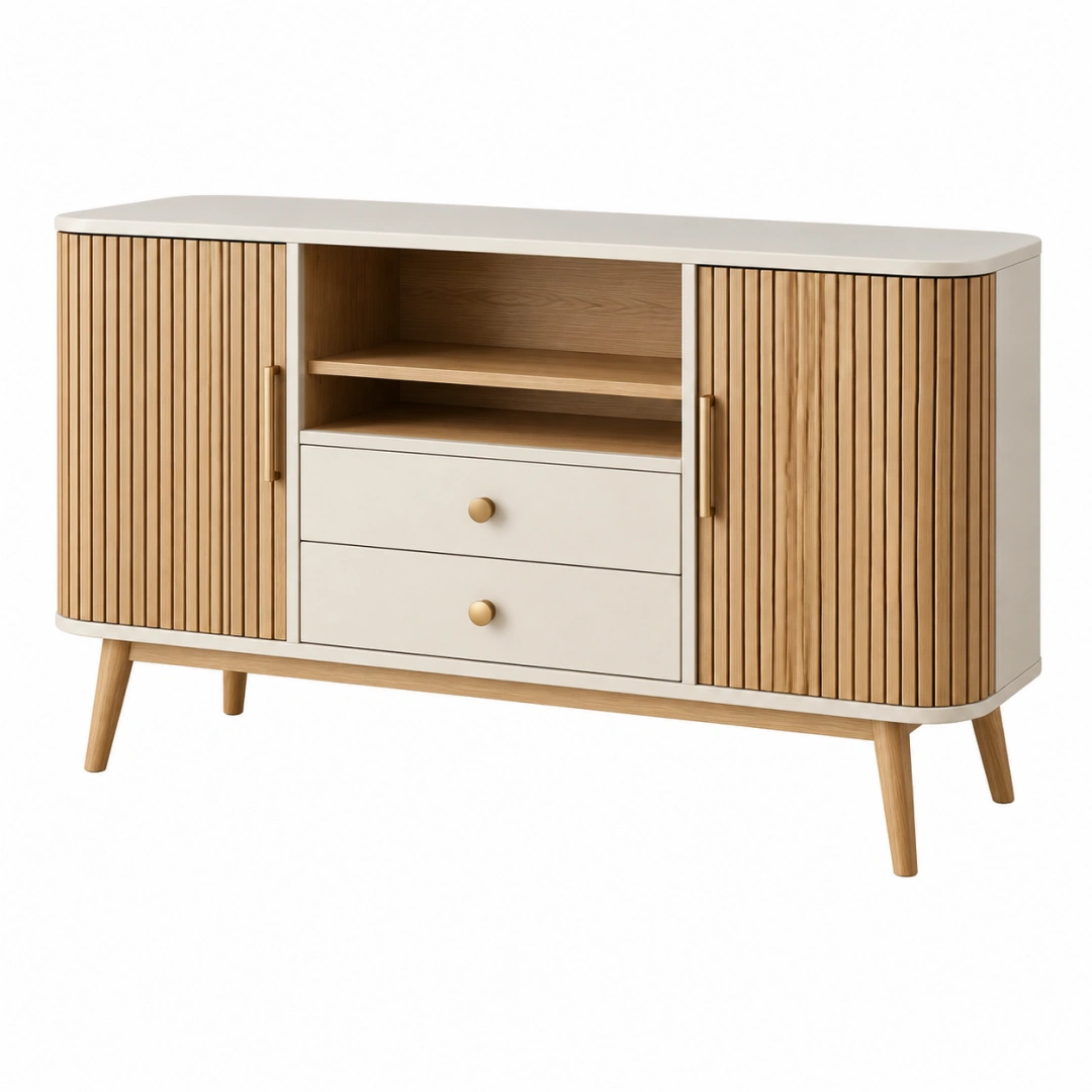 Aparador 150 x 40 x 80 cm de madera blanco y natural con puertas acanaladas y cajones