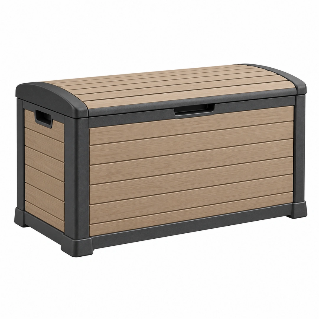 Arcón de almacenamiento 120 x 60 x 60 cm de plástico beige y negro para exterior con tapa estilo contemporáneo