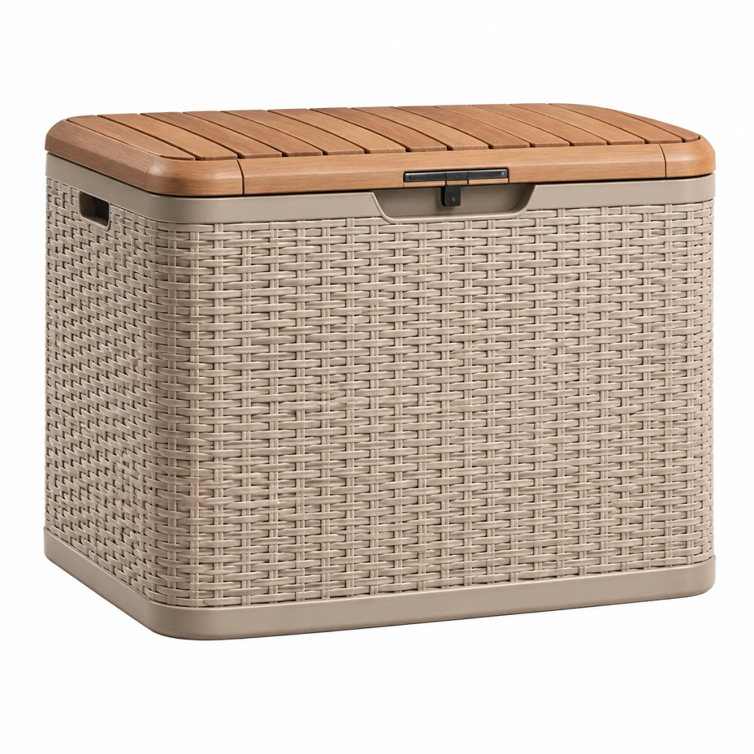 Arcón de almacenaje 120 x 60 x 65 cm de ratán sintético beige y marrón para exterior con tapa
