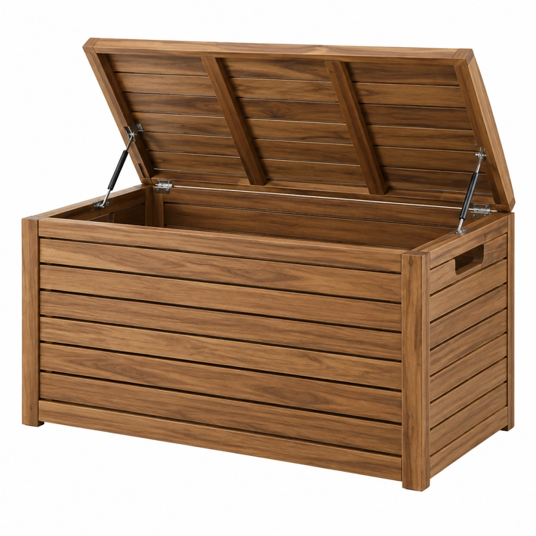 Arcón de almacenamiento 120 x 60 x 65 cm de madera marrón para exterior con tapa elevable