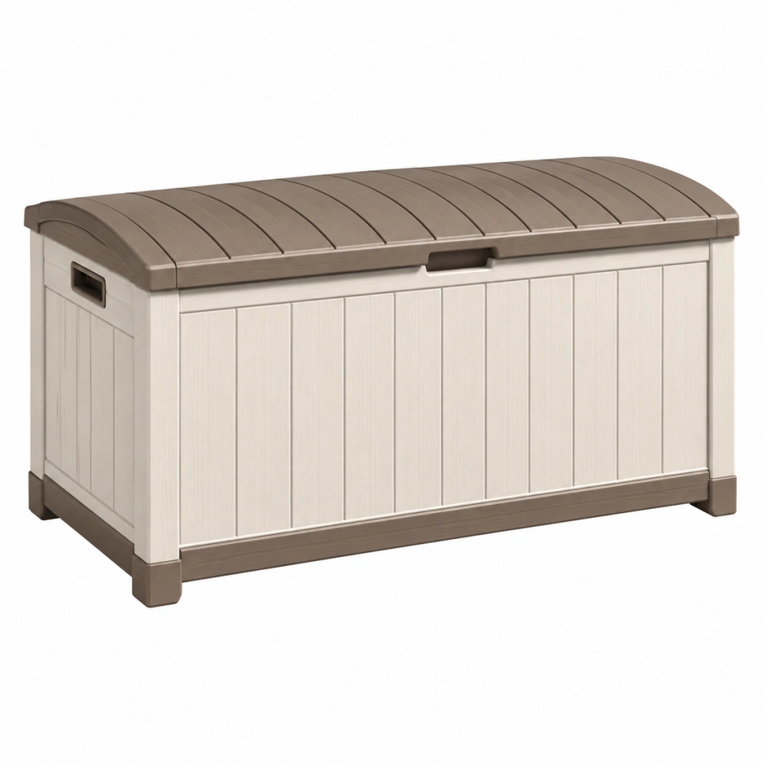Arcón de almacenaje 120 x 60 x 63 cm de plástico beige y marrón para exterior con tapa