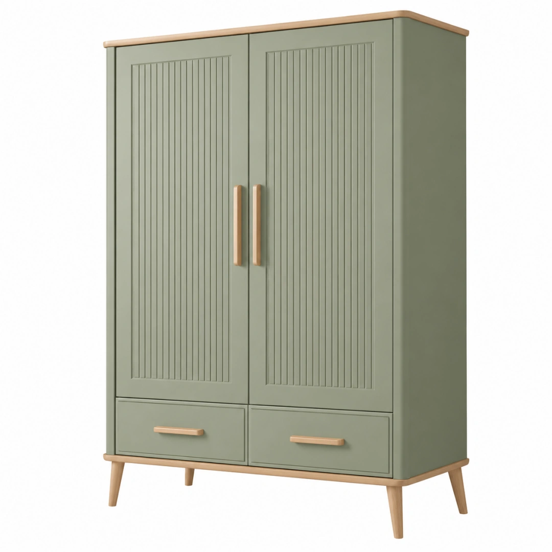 Armario 90 x 45 x 180 cm de tablero de madera verde y natural con 2 puertas y 2 cajones estilo nórdico