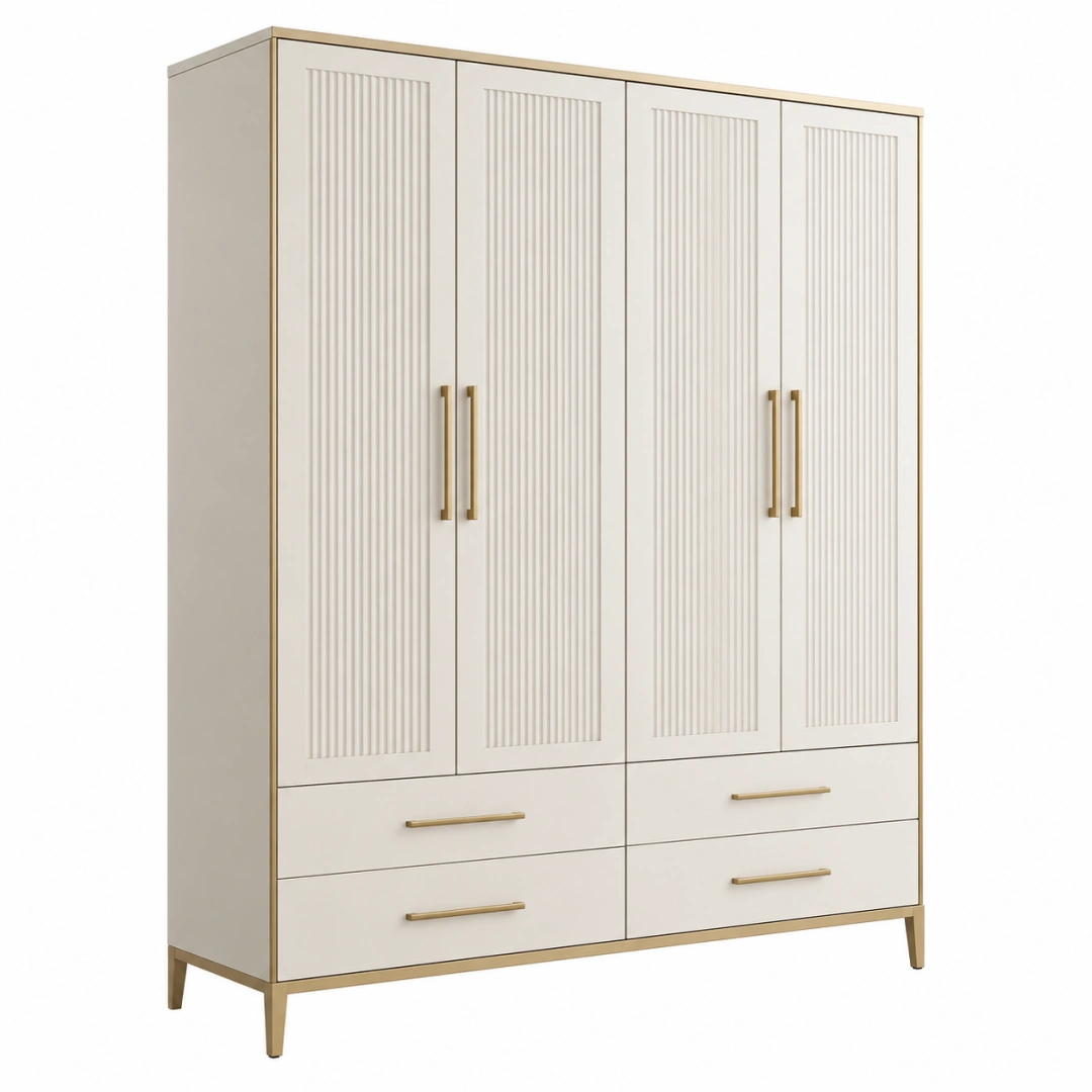 Armario 180 x 55 x 200 cm de madera blanca con cuatro puertas y cajones estilo moderno