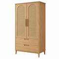 Armario 90 x 50 x 180 cm de madera natural con rejilla de ratán y 2 cajones estilo nórdico