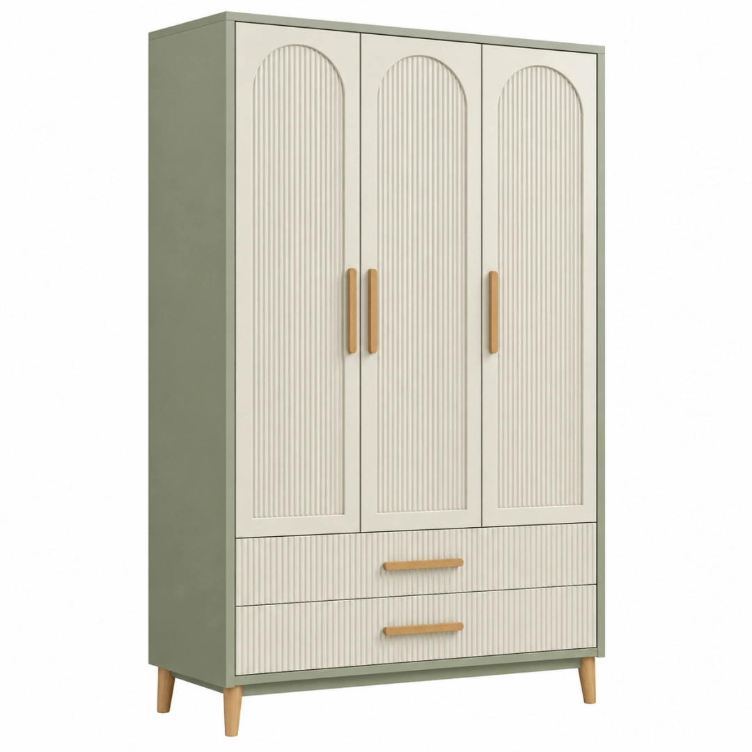 Armario 120 x 50 x 180 cm de madera beige y verde con 3 puertas y 2 cajones
