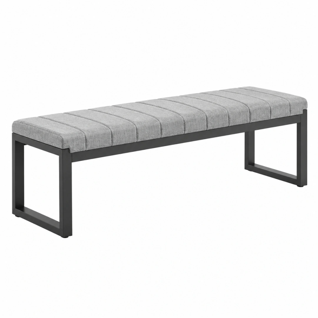 Banco tapizado 150 x 40 x 45 cm gris y negro con estructura metálica estilo moderno