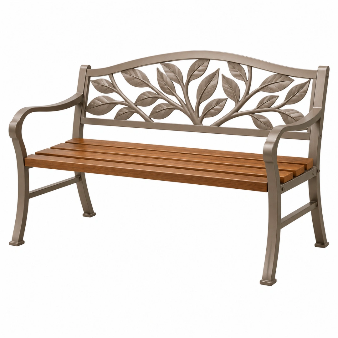 Banco de jardín 127 x 61 x 91 cm de metal y madera marrón con respaldo de hojas