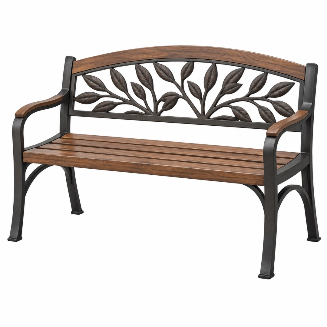 Banco de jardín 122 x 61 x 89 cm de metal y madera marrón negro con respaldo de hojas