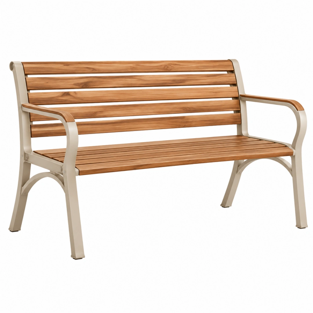 Banco de jardín 120 cm de madera y metal beige y marrón estilo contemporáneo