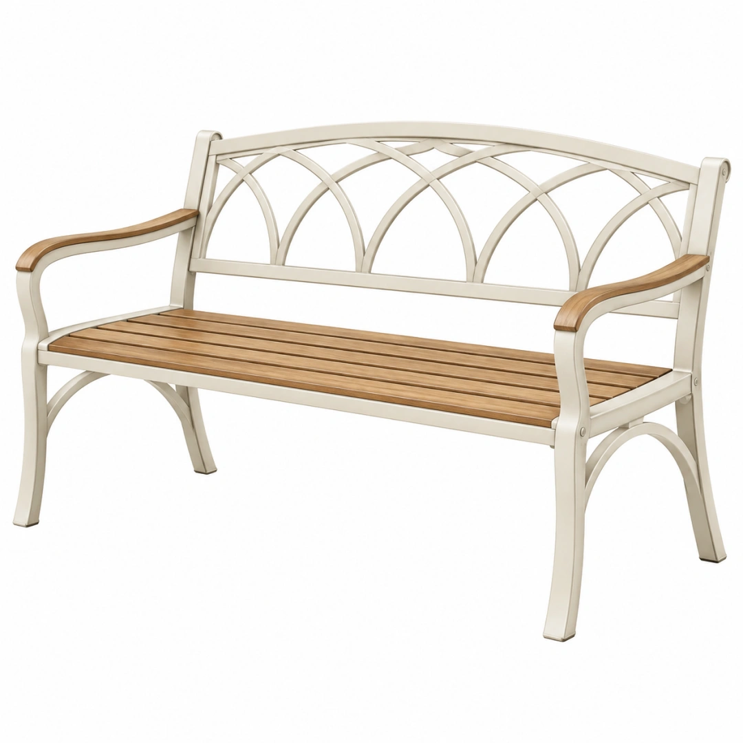 Banco de jardín 120 cm de metal y madera beige marrón de 2 plazas estilo clásico