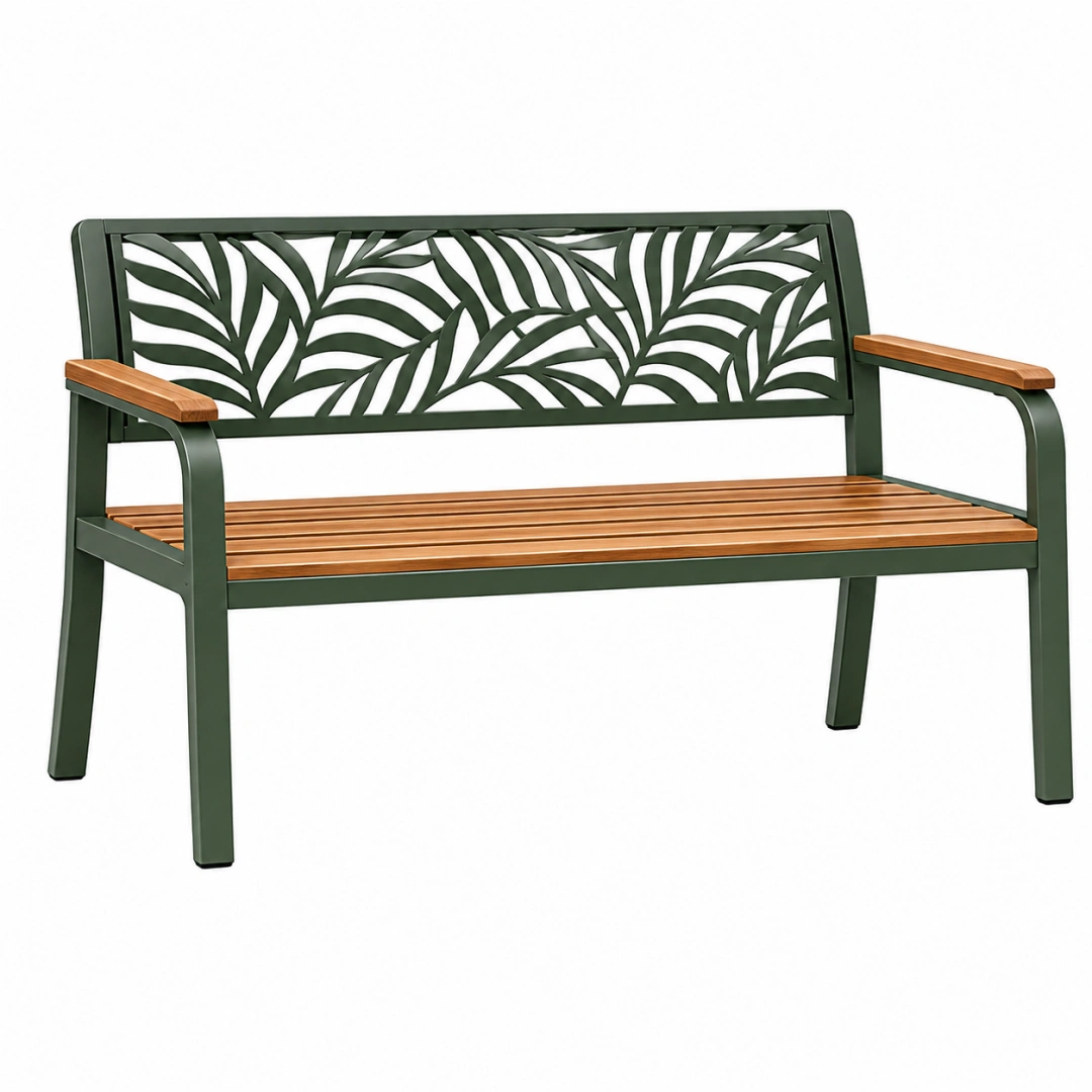 Banco de jardín 122 x 63 x 88 cm de metal y madera marrón verde con respaldo decorativo