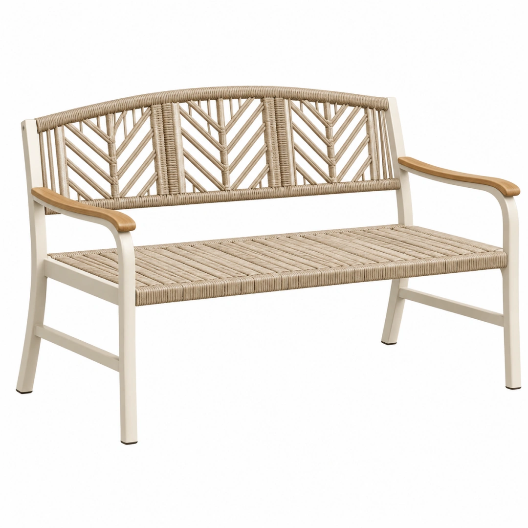 Banco de jardín 120 cm de cuerda beige con estructura metálica blanco estilo natural