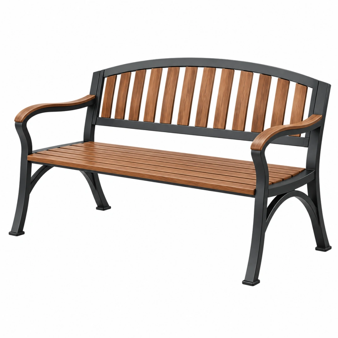 Banco de jardín 125 x 65 x 85 cm de madera y metal marrón negro con reposabrazos