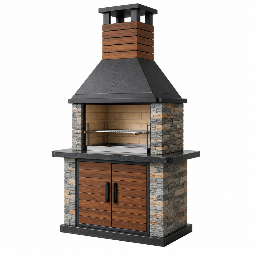 Barbacoa de jardín 120 x 70 x 230 cm de piedra metal y acabado madera con chimenea