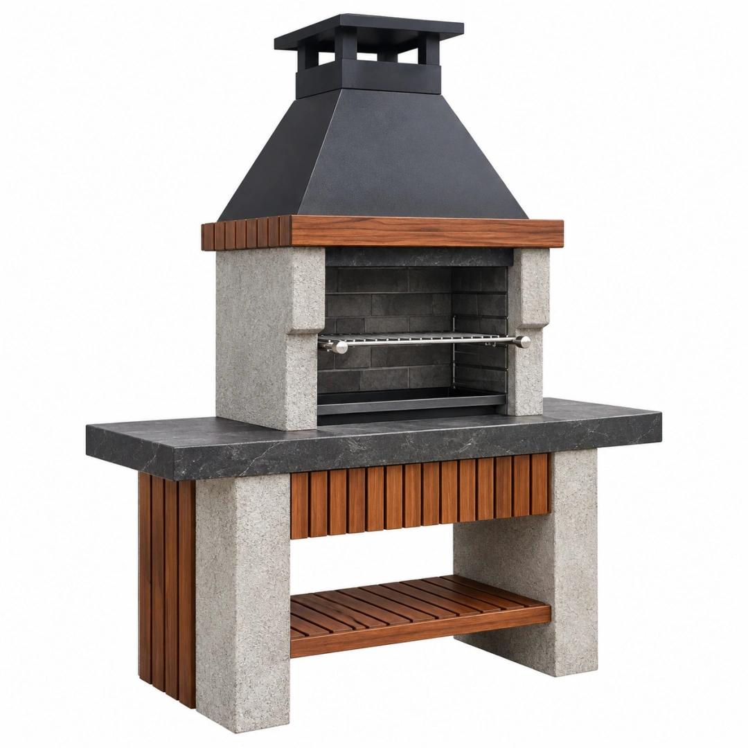 Barbacoa de jardín 150 x 70 x 220 cm de acero piedra y madera marrón negro estilo rústico