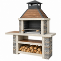 Barbacoa de jardín 140 x 70 x 220 cm de piedra y acero negro con leñero